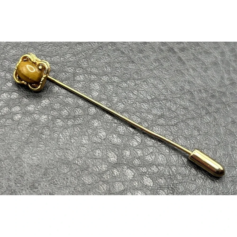 Vintage Tiger Eye Stone Cabochon Stick Pin Brooch Hat Lapel